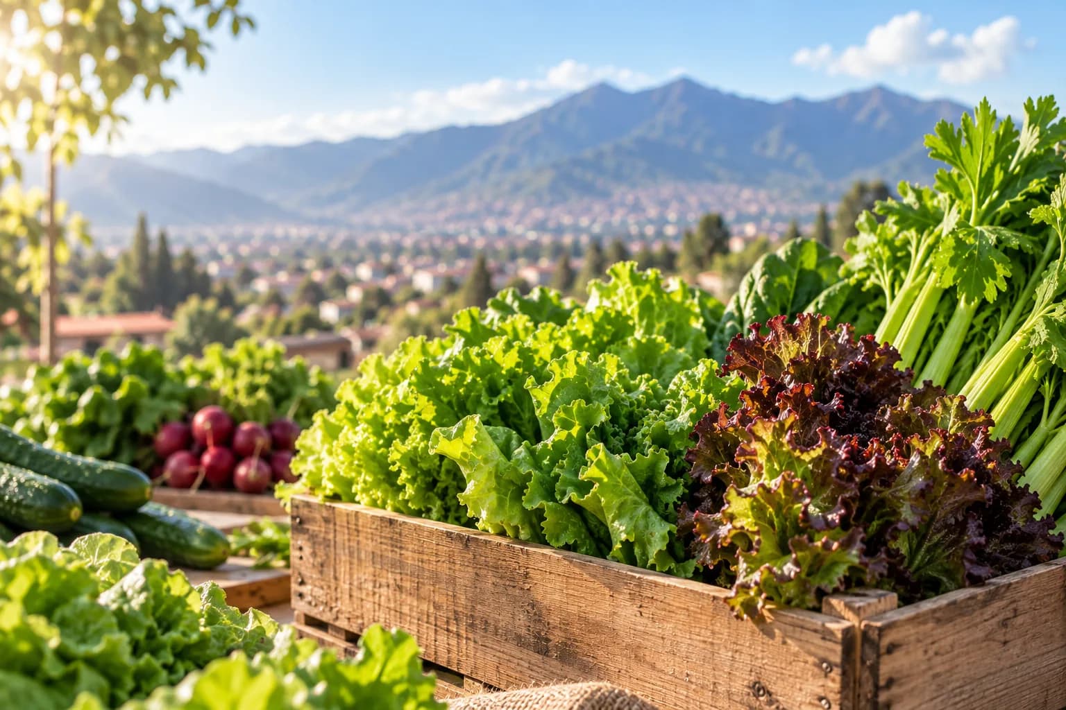 Verduras frescas de SELECTA en un cajón de madera con las montañas de Cochabamba al fondo